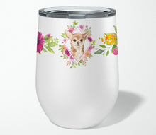 Load image into Gallery viewer, Chihuahua Pink Flowers Stainless Steel 12 oz Stemless Wine Glass CK4245TBL12