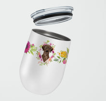 Load image into Gallery viewer, Chocolate Labrador Pink Flowers Stainless Steel 12 oz Stemless Wine Glass CK4251TBL12