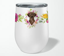 Load image into Gallery viewer, Chocolate Labrador Pink Flowers Stainless Steel 12 oz Stemless Wine Glass CK4251TBL12