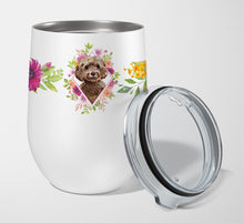 Load image into Gallery viewer, Chocolate Cockapoo Pink Flowers Stainless Steel 12 oz Stemless Wine Glass CK4253TBL12