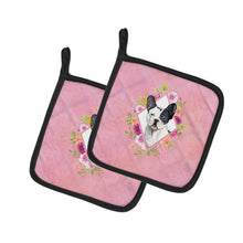 Load image into Gallery viewer, Black and White Frenchie Pink Flowers Pot Holders - Set of 2 - Heat-Resistant Kitchen Essentials CK4260PTHD