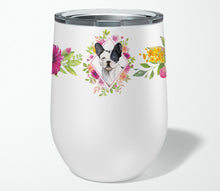 Load image into Gallery viewer, Black and White Frenchie Pink Flowers Stainless Steel 12 oz Stemless Wine Glass CK4260TBL12