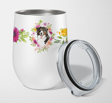 Load image into Gallery viewer, Bernese Mountain Dog Pink Flowers Stainless Steel 12 oz Stemless Wine Glass CK4264TBL12