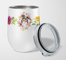 Load image into Gallery viewer, Australian Shepherd Pink Flowers Stainless Steel 12 oz Stemless Wine Glass CK4267TBL12