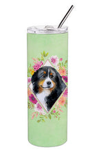 Load image into Gallery viewer, Bernese Mountain Dog Green Flowers Double Walled Stainless Steel 20 oz Skinny Tumbler CK4278TBL20