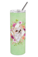 Load image into Gallery viewer, Long Hair Chihuahua Green Flowers Double Walled Stainless Steel 20 oz Skinny Tumbler CK4287TBL20