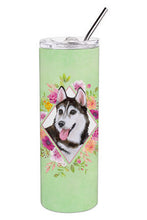 Load image into Gallery viewer, Siberian Husky #1 Green Flowers Double Walled Stainless Steel 20 oz Skinny Tumbler CK4311TBL20