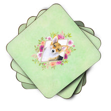 Load image into Gallery viewer, Corgi Green Flowers Coasters - Set of 4 Lightweight Foam, Absorbent Drink Coasters  CK4327FC