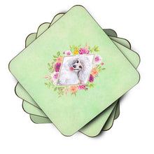 Load image into Gallery viewer, White Mini Poodle Green Flowers Coasters - Set of 4 Lightweight Foam, Absorbent Drink Coasters  CK4332FC