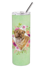 Load image into Gallery viewer, Shar Pei Green Flowers Double Walled Stainless Steel 20 oz Skinny Tumbler CK4341TBL20