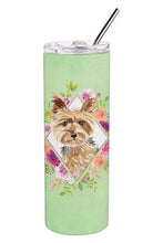 Load image into Gallery viewer, Yorkie Green Flowers Double Walled Stainless Steel 20 oz Skinny Tumbler CK4357TBL20