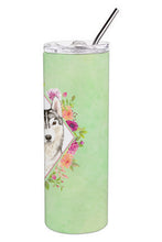 Load image into Gallery viewer, Siberian Husky Green Flowers Double Walled Stainless Steel 20 oz Skinny Tumbler CK4370TBL20