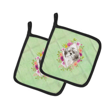 Load image into Gallery viewer, Shih Tzu Puppy Green Flowers Pot Holders - Set of 2 - Heat-Resistant Kitchen Essentials CK4371PTHD