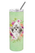 Load image into Gallery viewer, Shih Tzu Puppy Green Flowers Double Walled Stainless Steel 20 oz Skinny Tumbler CK4371TBL20