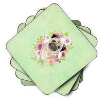 Load image into Gallery viewer, Fawn Pug Green Flowers Coasters - Set of 4 Lightweight Foam, Absorbent Drink Coasters  CK4378FC