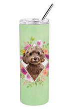 Load image into Gallery viewer, Chocolate Cockapoo Green Flowers Double Walled Stainless Steel 20 oz Skinny Tumbler CK4413TBL20