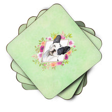Load image into Gallery viewer, Black and White Frenchie Green Flowers Coasters - Set of 4 Lightweight Foam, Absorbent Drink Coasters  CK4420FC