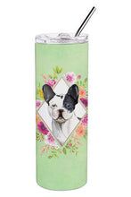 Load image into Gallery viewer, Black and White Frenchie Green Flowers Double Walled Stainless Steel 20 oz Skinny Tumbler CK4420TBL20