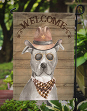 Load image into Gallery viewer, Staffordshire Bull Terrier Cowboy Dog Welcome Garden Flag – Western-Style Dog with Hat &amp; Sunglasses CK6276GF