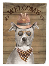 Load image into Gallery viewer, Staffordshire Bull Terrier Cowboy Dog Welcome Garden Flag – Western-Style Dog with Hat &amp; Sunglasses CK6276GF
