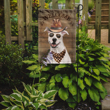 Load image into Gallery viewer, White Staffordshire Bull Terrier Cowboy Dog Welcome Garden Flag – Western-Style Dog with Hat &amp; Sunglasses CK6277GF
