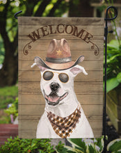 Load image into Gallery viewer, White Staffordshire Bull Terrier Cowboy Dog Welcome Garden Flag – Western-Style Dog with Hat &amp; Sunglasses CK6277GF