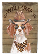 Load image into Gallery viewer, Brittany Cowboy Dog Welcome Garden Flag – Western-Style Dog with Hat &amp; Sunglasses CK6294GF