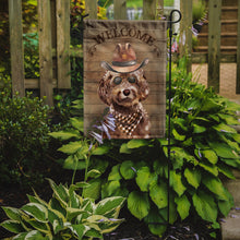 Load image into Gallery viewer, Brown Cockapoo Cowboy Dog Welcome Garden Flag – Western-Style Dog with Hat &amp; Sunglasses CK6295GF