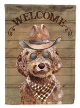 Load image into Gallery viewer, Brown Cockapoo Cowboy Dog Welcome Garden Flag – Western-Style Dog with Hat &amp; Sunglasses CK6295GF