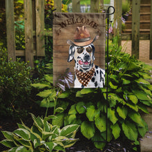 Load image into Gallery viewer, Dalmatian #2 Cowboy Dog Welcome Garden Flag – Western-Style Dog with Hat &amp; Sunglasses CK6314GF