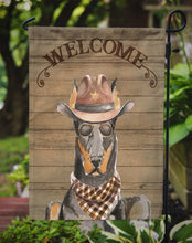 Load image into Gallery viewer, Doberman Pinscher Cowboy Dog Welcome Garden Flag – Western-Style Dog with Hat &amp; Sunglasses CK6316GF