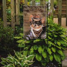 Load image into Gallery viewer, Longhaired Chihuahua Cowboy Dog Welcome Garden Flag – Western-Style Dog with Hat &amp; Sunglasses CK6340GF