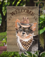 Load image into Gallery viewer, Longhaired Chihuahua Cowboy Dog Welcome Garden Flag – Western-Style Dog with Hat &amp; Sunglasses CK6340GF