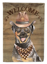 Load image into Gallery viewer, Rottweiler Cowboy Dog Welcome Garden Flag – Western-Style Dog with Hat &amp; Sunglasses CK6353GF