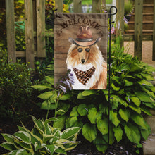 Load image into Gallery viewer, Rough Collie Cowboy Dog Welcome Garden Flag – Western-Style Dog with Hat &amp; Sunglasses CK6354GF