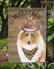 Load image into Gallery viewer, Rough Collie Cowboy Dog Welcome Garden Flag – Western-Style Dog with Hat &amp; Sunglasses CK6354GF
