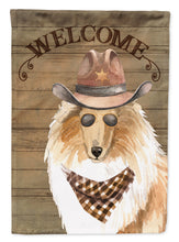 Load image into Gallery viewer, Rough Collie Cowboy Dog Welcome Garden Flag – Western-Style Dog with Hat &amp; Sunglasses CK6354GF