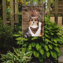 Load image into Gallery viewer, Sheltie Shetland Sheepdog #2 Cowboy Dog Welcome Garden Flag – Western-Style Dog with Hat &amp; Sunglasses CK6360GF