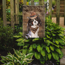 Load image into Gallery viewer, Tricolor Cavalier Spaniel Cowboy Dog Welcome Garden Flag – Western-Style Dog with Hat &amp; Sunglasses CK6371GF