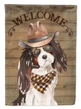 Load image into Gallery viewer, Tricolor Cavalier Spaniel Cowboy Dog Welcome Garden Flag – Western-Style Dog with Hat &amp; Sunglasses CK6371GF