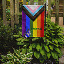 Load image into Gallery viewer, Gay Pride Progress Pride All are Welcome Garden Flag – LGBTQ+ Inclusive Outdoor Yard Decor