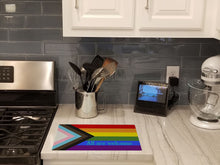 Load image into Gallery viewer, Gay Pride Progress Pride All are Welcome Glass Cutting Boards – Durable, Decorative Kitchen Art Large