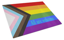Load image into Gallery viewer, Gay Pride Progress Pride All are Welcome Glass Cutting Boards – Durable, Decorative Kitchen Art Large