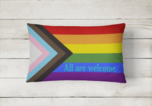 Load image into Gallery viewer, Gay Pride Progress Pride All are Welcome Canvas Fabric Decorative Pillow