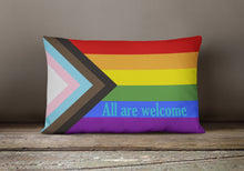 Load image into Gallery viewer, Gay Pride Progress Pride All are Welcome Canvas Fabric Decorative Pillow