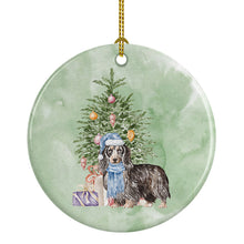 Load image into Gallery viewer, Christmas Dachshund Longhair Black Tan Ornament - Round Ceramic Ornament – Artist-Designed Keepsake Decoration