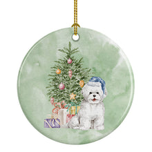 Load image into Gallery viewer, Christmas Bichon Frise Blue Hat Ornament - Round Ceramic Ornament – Artist-Designed Keepsake Decoration