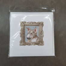 Load image into Gallery viewer, Bull Terrier Red White Puppy Side View Square Greeting Cards -  Blank Note Cards – 8-Pack of Artist-Designed Cards with Envelopes