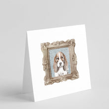 Load image into Gallery viewer, Basset Hound Red White Front View Square Greeting Cards -  Blank Note Cards – 8-Pack of Artist-Designed Cards with Envelopes