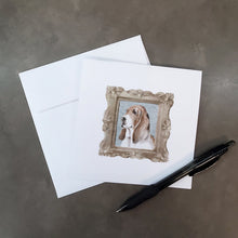 Load image into Gallery viewer, Basset Hound Tricolor Side View Square Greeting Cards -  Blank Note Cards – 8-Pack of Artist-Designed Cards with Envelopes